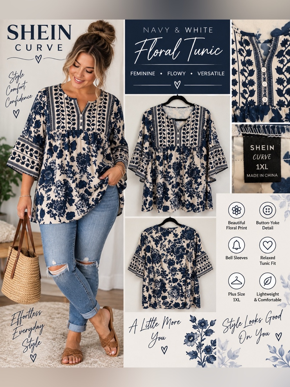 SHEIN Curve 1XL Navy White Floral Boho Tunic Top Bell Sleeve